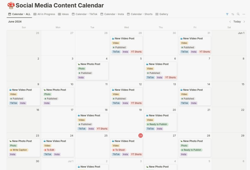 Notion database used as a content calendar with columns for hooks, clips and view counts