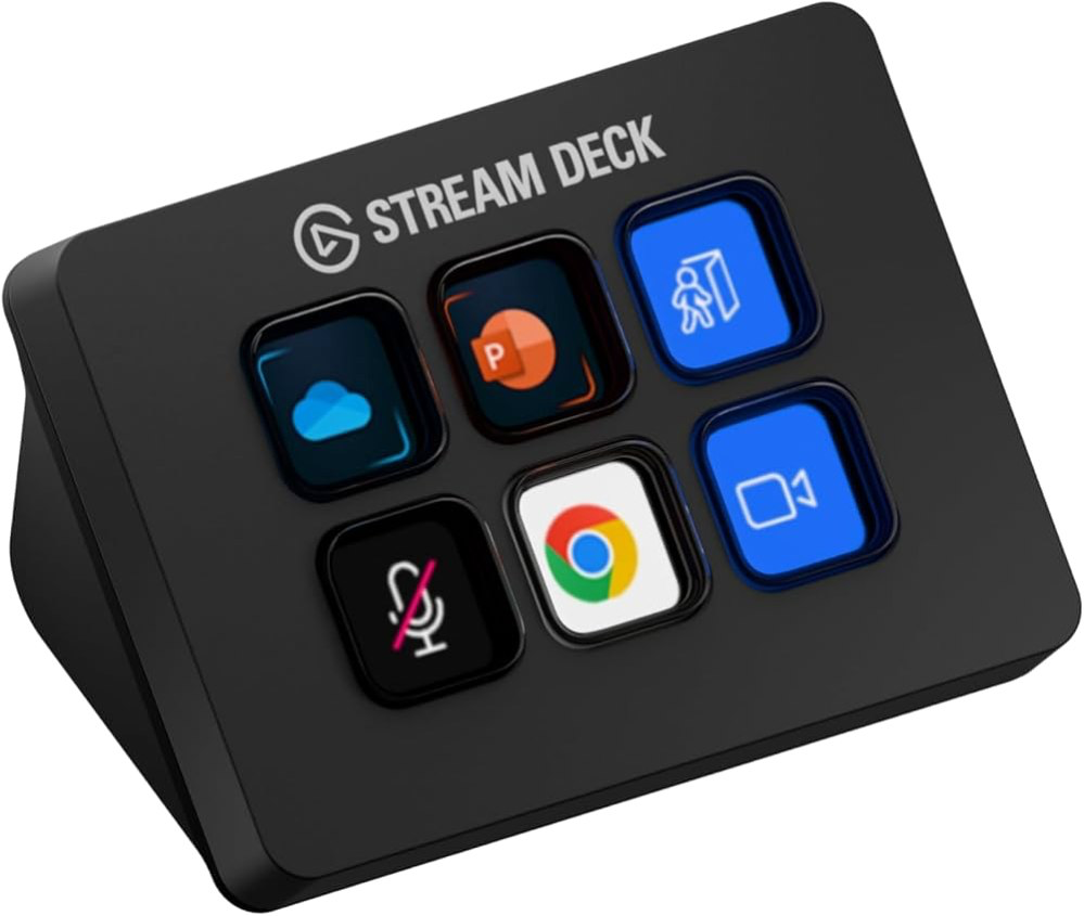Elgato Stream Deck Mini six-key controller on a desk beside a keyboard and microphone